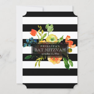Invitation PixDezines Aquarelle/Floral/Bat mitzvah de rayures