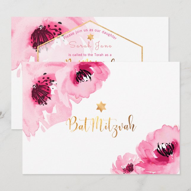 Invitation PixDezines Aquarelle Florale/Rose/Bat mitzvah (Devant / Derrière)