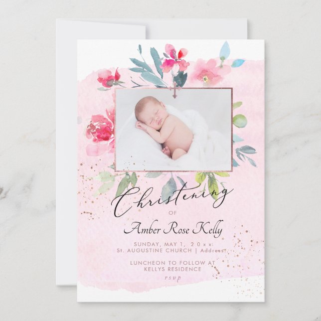 Invitation PixDezines Aquarelle Gardeon Rose Christening (Devant)