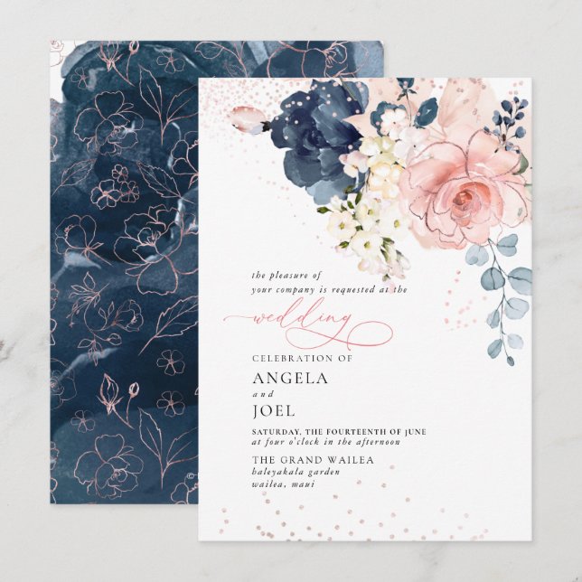Invitation PixDezines Aquarelle Navy Fleurs de chasse Invitat (Devant / Derrière)