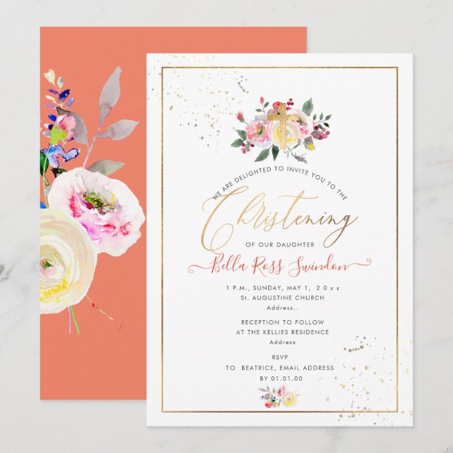 Invitation PixDezines Aquarelle Pastel Roses, Jaune+Corail (Devant / Derrière)