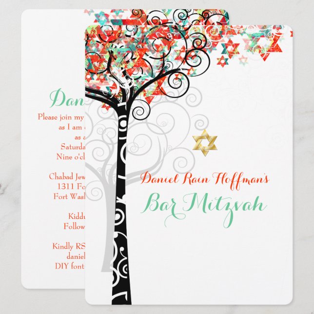 Invitation PixDezines arbre de vie mitzvah/Mint Green/Orange (Devant / Derrière)