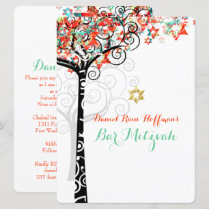 Invitation PixDezines arbre de vie mitzvah/turquoise/orange