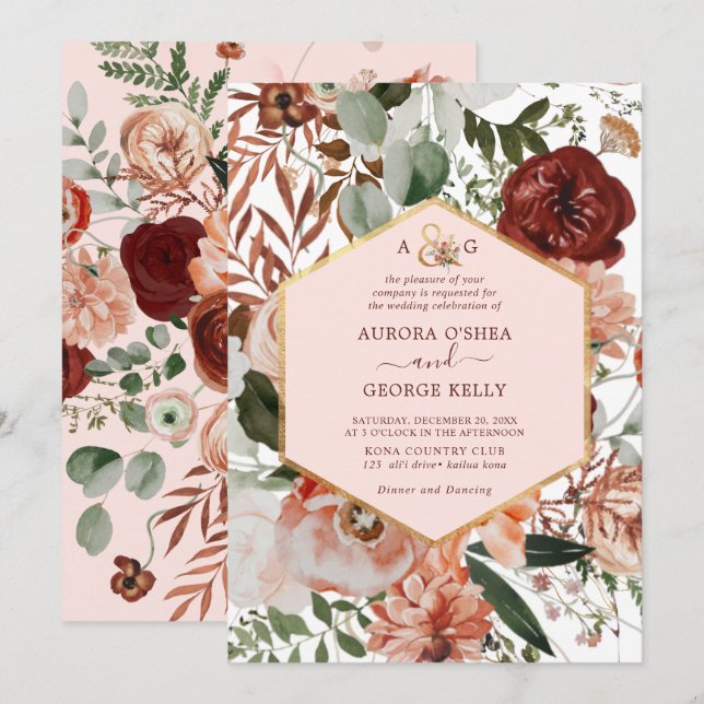 Invitation PixDezines Automne Love H2 Marsala Fleurs rouges I (Devant / Derrière)