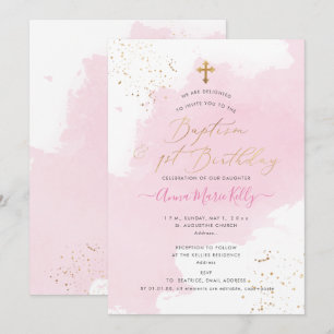 Invitation PixDezines Baptême + 1er Anniversaire à l'aquarell