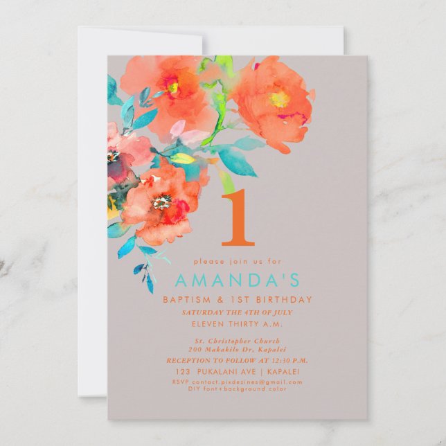 Invitation PixDezines Baptême+ 1er anniversaire Fleurs aquare (Devant)