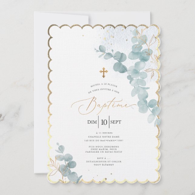 Invitation PixDezines Baptême d'Eucalyptus Rustique Aquarelle (Devant)
