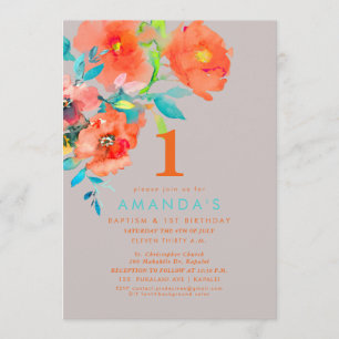 Invitation PixDezines Baptism+ 1er anniversaire Fleurs aquare