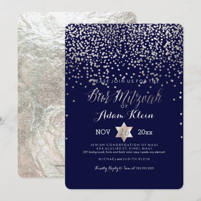 Invitation PixDezines Bar Mitzvah/Faux Silver Confetti (Devant / Derrière)