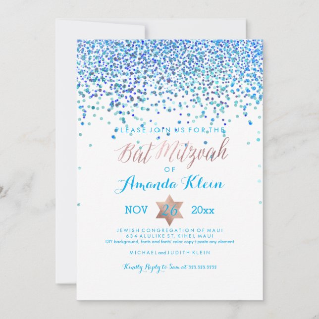 Invitation PixDezines Bat mitzvah/Blue/Aqua/Turquoise/Confett (Devant)