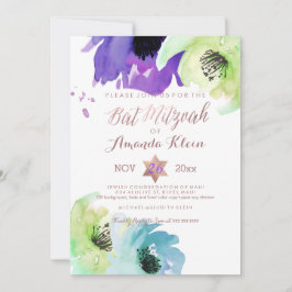 Invitation PixDezines ✡ Bat Mitzvah/Fleur Aquarelle