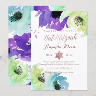 Invitation PixDezines ✡ Bat Mitzvah/Fleur Aquarelle