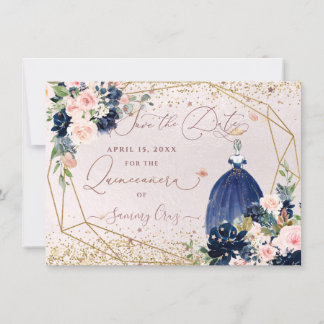 Invitation PixDezines bleu marine Enregistrer la date Quincea