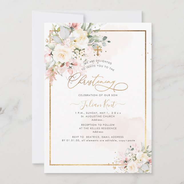 Invitation PixDezines Blush Alabaster Rose Christening (Devant)