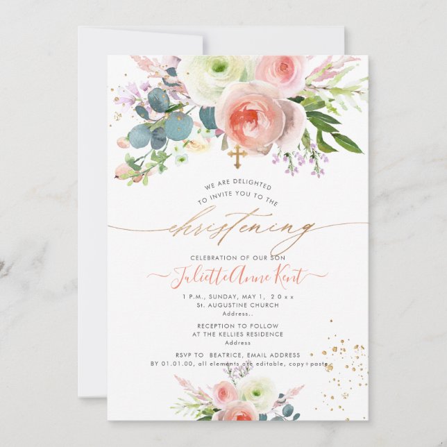 Invitation PixDezines Blush Aquarelle Peonies Christening (Devant)