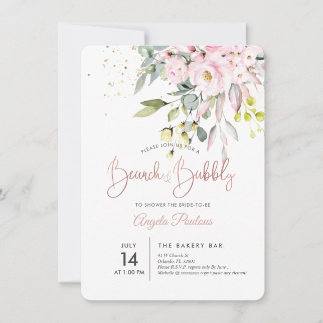 Invitation PixDezines Blush Gum Eucalyptus Brunch+Bubbly (Devant)