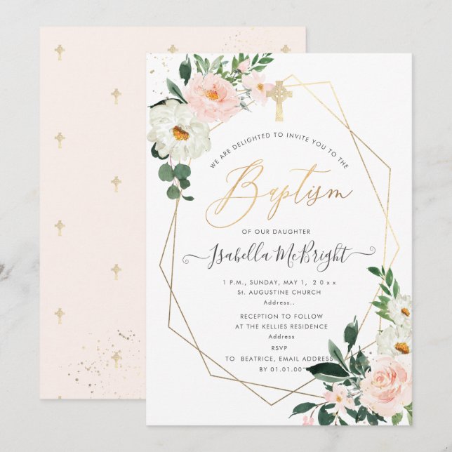 Invitation PixDezines Blush Pink Aquarelle Flowers Baptême (Devant / Derrière)