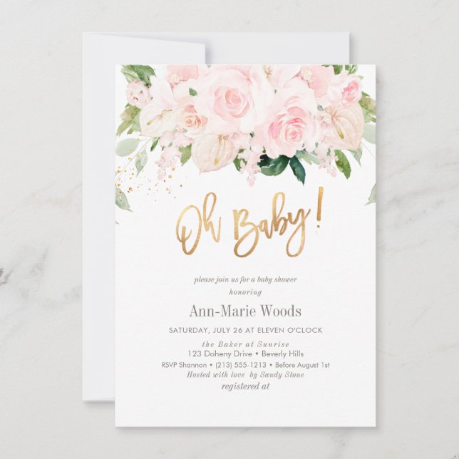 Invitation PixDezines Blush Rose Anthuriums Baby shower (Devant)