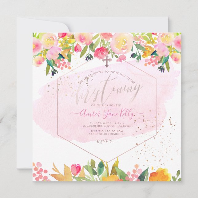 Invitation PixDezines Blush Watercolor Flowers Christening (Devant)