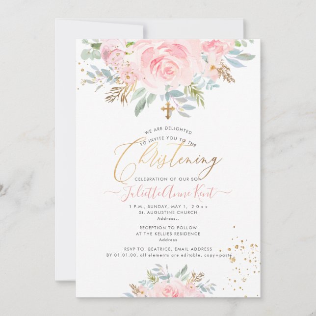 Invitation PixDezines Blush Watercolor Rose Christening (Devant)