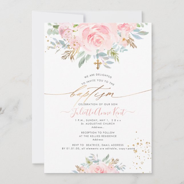 Invitation PixDezines Blush Watercolor Roses Baptême (Devant)
