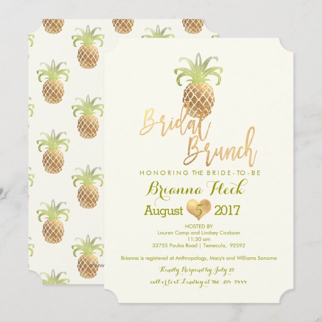 Invitation PixDezines Bridal Brunch/Faux Gold/Pineapples Card (Devant / Derrière)