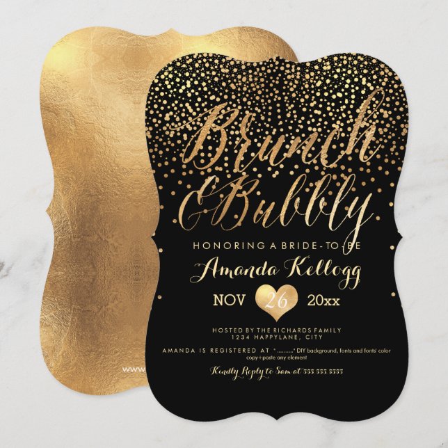 Invitation PixDezines Brunch & Bubbly Dazzled/Faux Gold (Devant / Derrière)