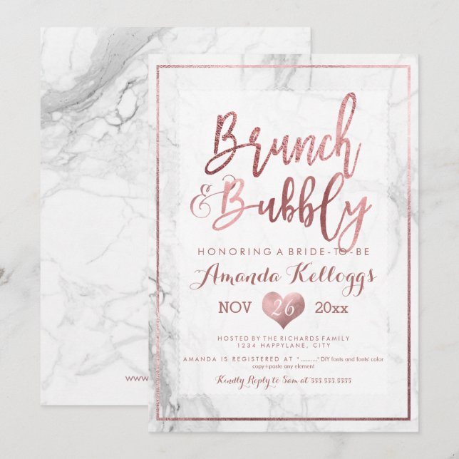 Invitation PixDezines Brunch Bubbly/Faux Rose Gold Marble (Devant / Derrière)