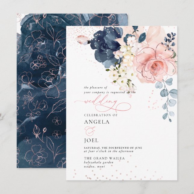Invitation PixDezines Brunch Bubbly Navy Blush H2 fleurs Inv (Devant / Derrière)