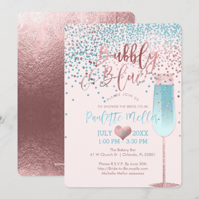Invitation PixDezines Brunch N Bubbly/Rose Gold/Blue Confetti (Devant / Derrière)