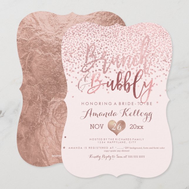 Invitation PixDezines Brunch N Bubbly/Rose Gold Confetti (Devant / Derrière)