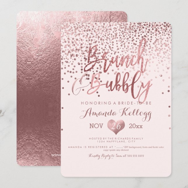 Invitation PixDezines Brunch N Bubbly/Rose Gold Confetti (Devant / Derrière)
