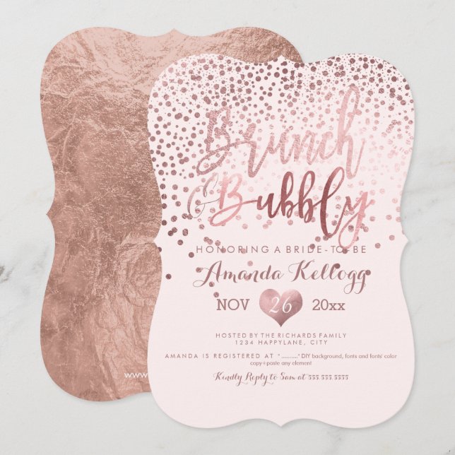 Invitation PixDezines Brunch N Bubbly/Rose Gold Confetti (Devant / Derrière)