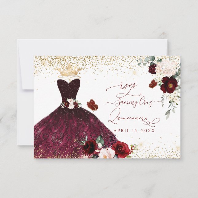 Invitation PixDezines Burgundy Blush Rose Quinceanera RSVP (Devant)