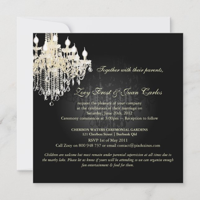 Invitation PixDezines Chandelier de cristal + Damas/noir+blan (Devant)