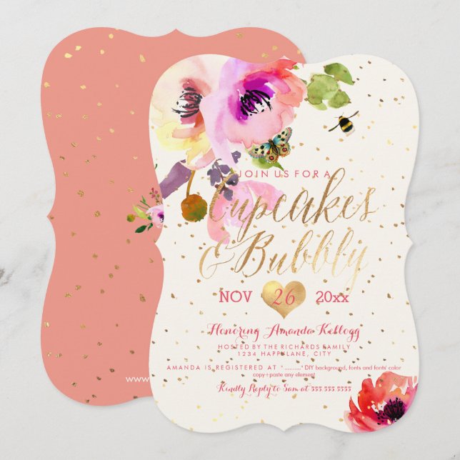 Invitation PixDezines Cupcakes à l'aquarelle florale + Bubbly (Devant / Derrière)