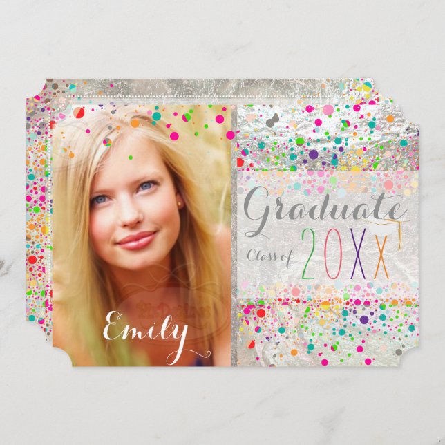 Invitation PixDezines Diplôme Arc-en-ciel éclaté/Confetti (Devant / Derrière)