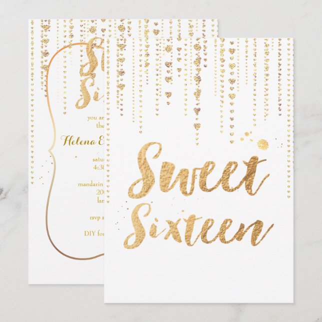 Invitation PixDezines doux 16, Golden Hearts Chaînes Parties  (Devant / Derrière)