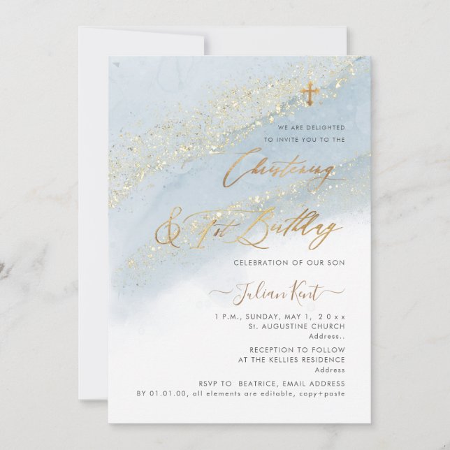 Invitation PixDezines Dusty Blue Gold Christening 1er BD (Devant)