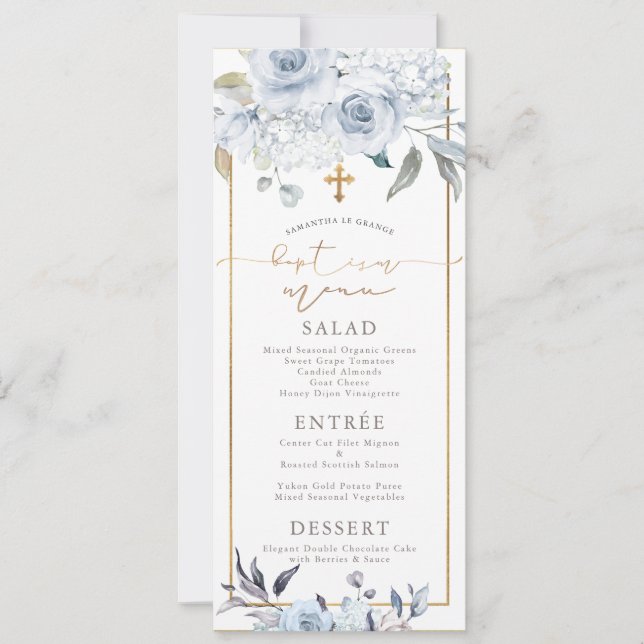 Invitation PixDezines Dusty Blue H2 Fleurs Baptême Menu (Devant)