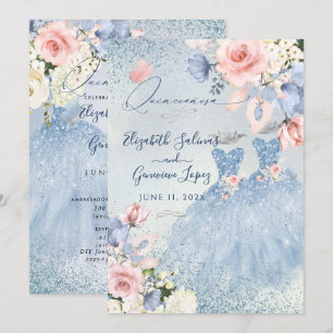 Invitation PixDezines Dusty Blue Roses jumeaux Quinceanera