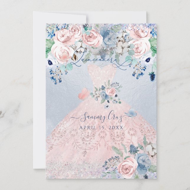 Invitation PixDezines Dusty Pink Blue Peonies Quinceanera Inv (Devant)