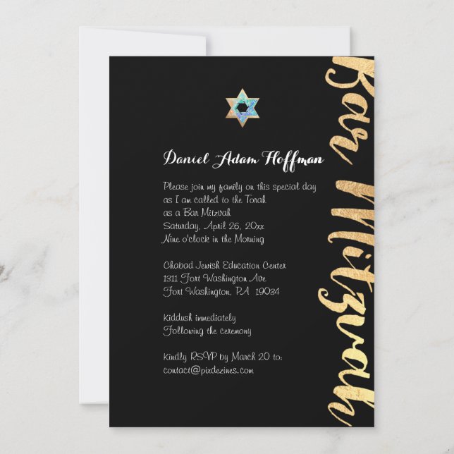 Invitation PixDezines ébloui/écriture dorée/bar mitzvah (Dos)