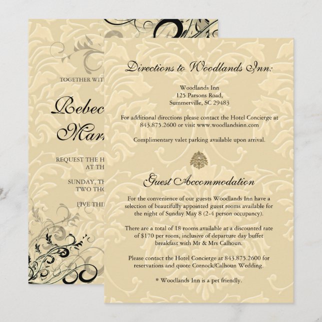 Invitation PixDezines EBONY SWIRLS/IVORY BAROQUE DAMASK (Devant / Derrière)