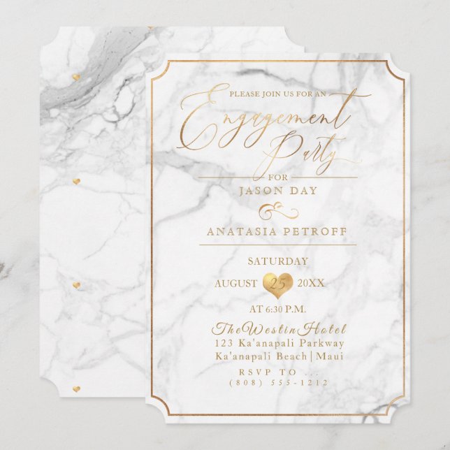 Invitation PixDezines Engagement Party Marbre/Faux Gold (Devant / Derrière)