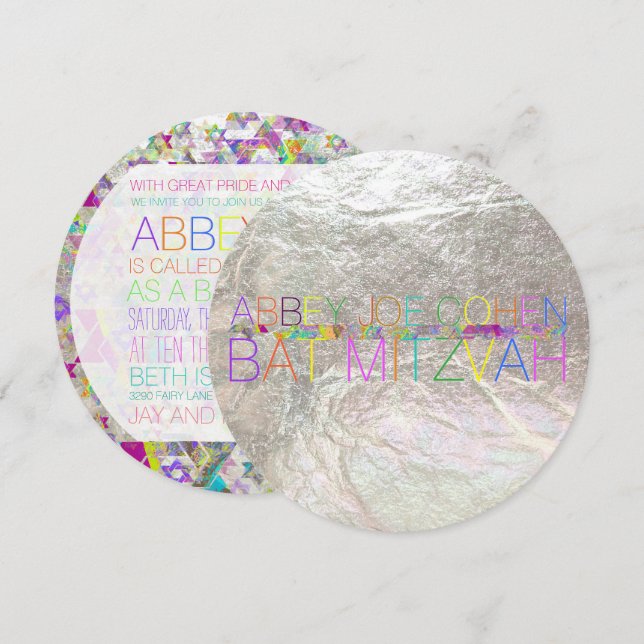 Invitation PixDezines étoiles psychédéliques/néon/bat mitzvah (Devant / Derrière)