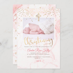 Invitation PixDezines Faux Gold Confetti+Christening En Marbr
