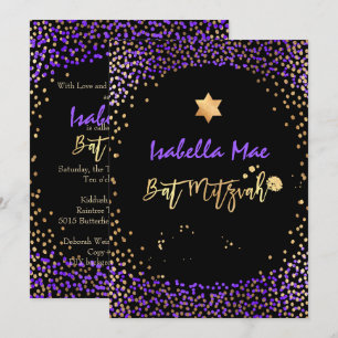 Invitation PixDezines Faux Gold+Purple Confetti Bat mitzvah
