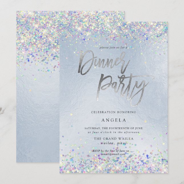 Invitation PixDezines Faux Hologramme Dusty Blue Dinner Party (Devant / Derrière)
