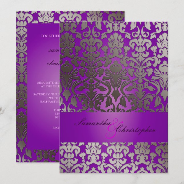 Invitation PixDezines Faux Lver Flora Damask / Royal Purple (Devant / Derrière)